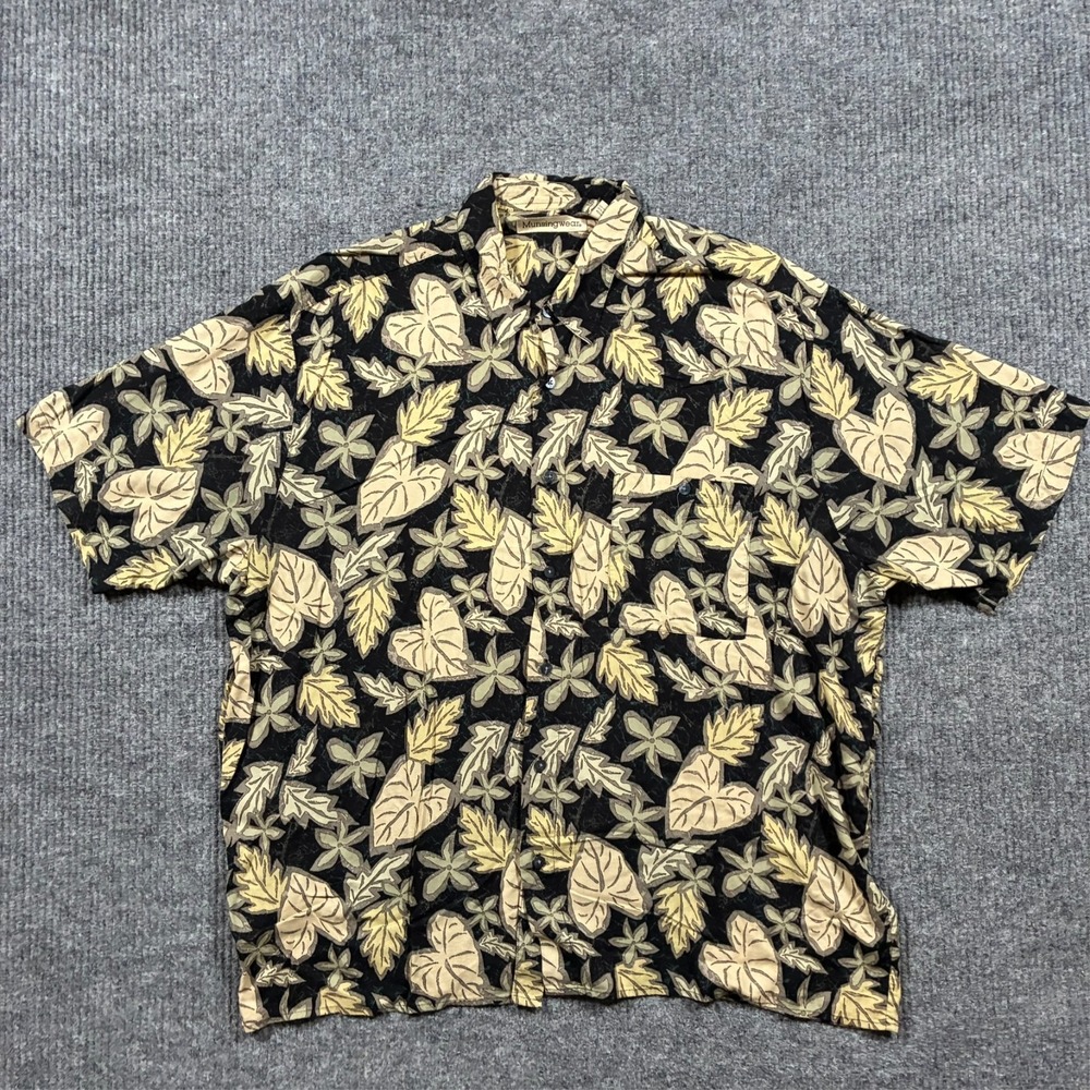 Munsingwear Mens Hawaiian Shirt XL Black Beige Leaf Print Rayon Button Front